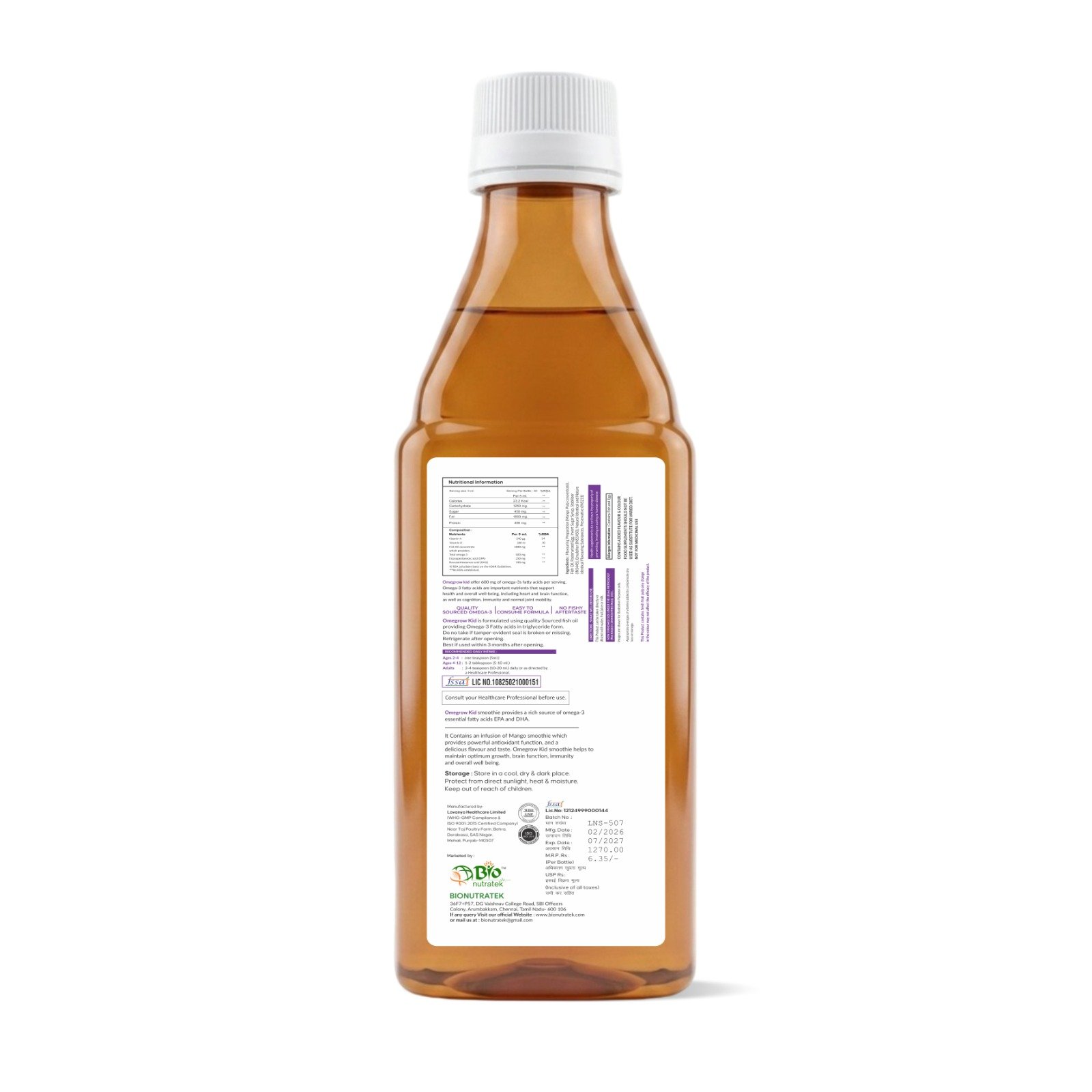 OmeGrow Kid Omega-3 Fish Oil Syrup Back Label – BioNutratek OmeGrow Kid Omega-3 Fish Oil Syrup back label with DHA EPA nutritional information by BioNutratek 200 ml